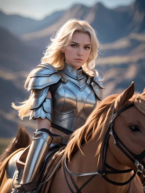 An ultrareakistic epic photography of a Valkyrie warrior on a horse riding into the battle, intense action, cinematic rim light,...