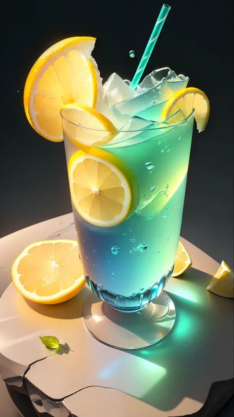 Masterpiece, best quality, (very detailed CG Unity 8k wallpaper), (best quality), (best illustration), (best shadow), drinking a glass of soda on a stone, a soft drink with lemon, mint leaves and bubbles, yellow gradient to blue, very cool, colorful straws...