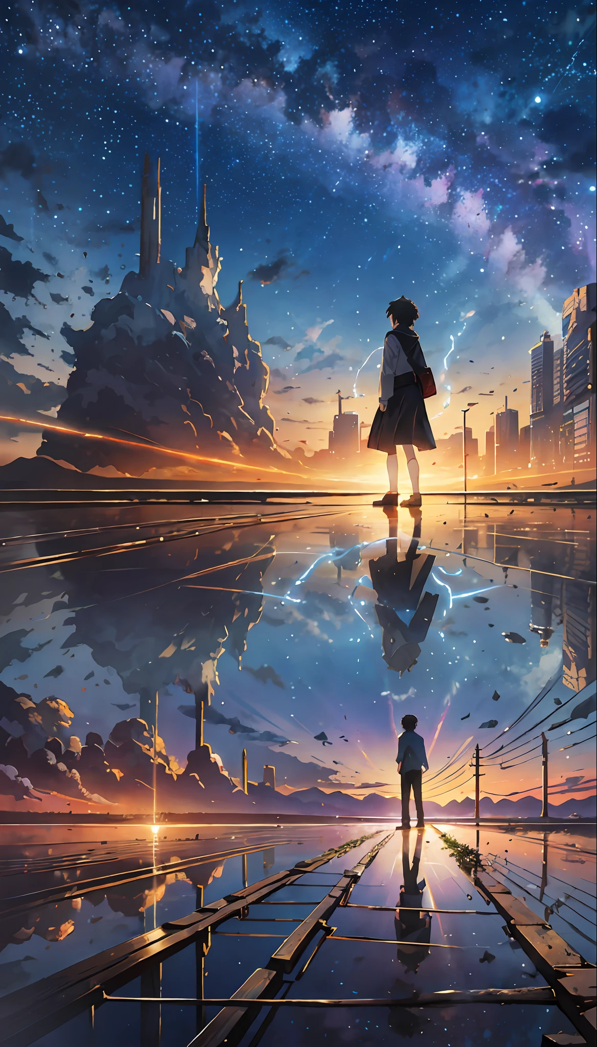 eldritch horror prophecy, creatures, lightning from skies, lava from ground, a figure of man standing in front, masterpiece, through bodies of water on tracks, bright starry sky. Romantic train, Makoto Shinkai's picture, pixiv, concept art, lofi art style, reflection. by Makoto Shinkai, lofi art, Beautiful anime scene, Anime landscape, detailed scenery —width 672, in style of Makoto shinkai, style of Makoto shinkai, enhanced details.