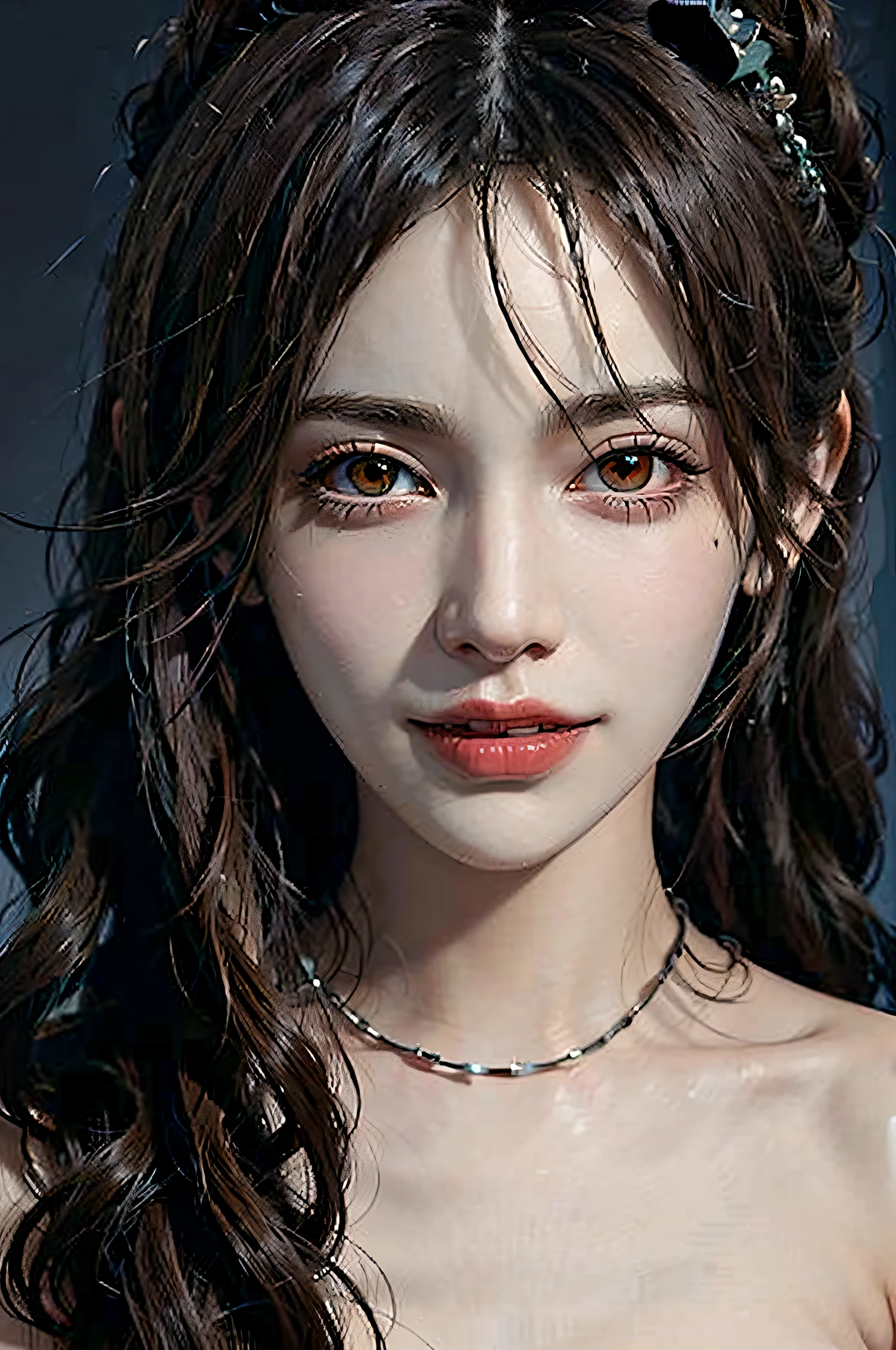 (Front Focus), Female Hyperrealist Portrait, Fantasy Art, Photorealistic Photography, Dynamic Lighting, Volumetric Lighting, Highly Detailed Face, 8k, Award-Winning, 1girl, Pale, White Skin, Glowing Skin, Detailed Skin, Vampire Dress, (Red Eyes), Red Lips, Hair, Dark, Deep Shadows, Low Key, Close Up, Ahoge, Bat Ears, Eye Reflection, Glowing Eyes , wicked smile, jewelry, impressionism, masterpiece, {{{masterpiece, best quality, illustration,game_cg}}}, hair bunched up on head, sexy