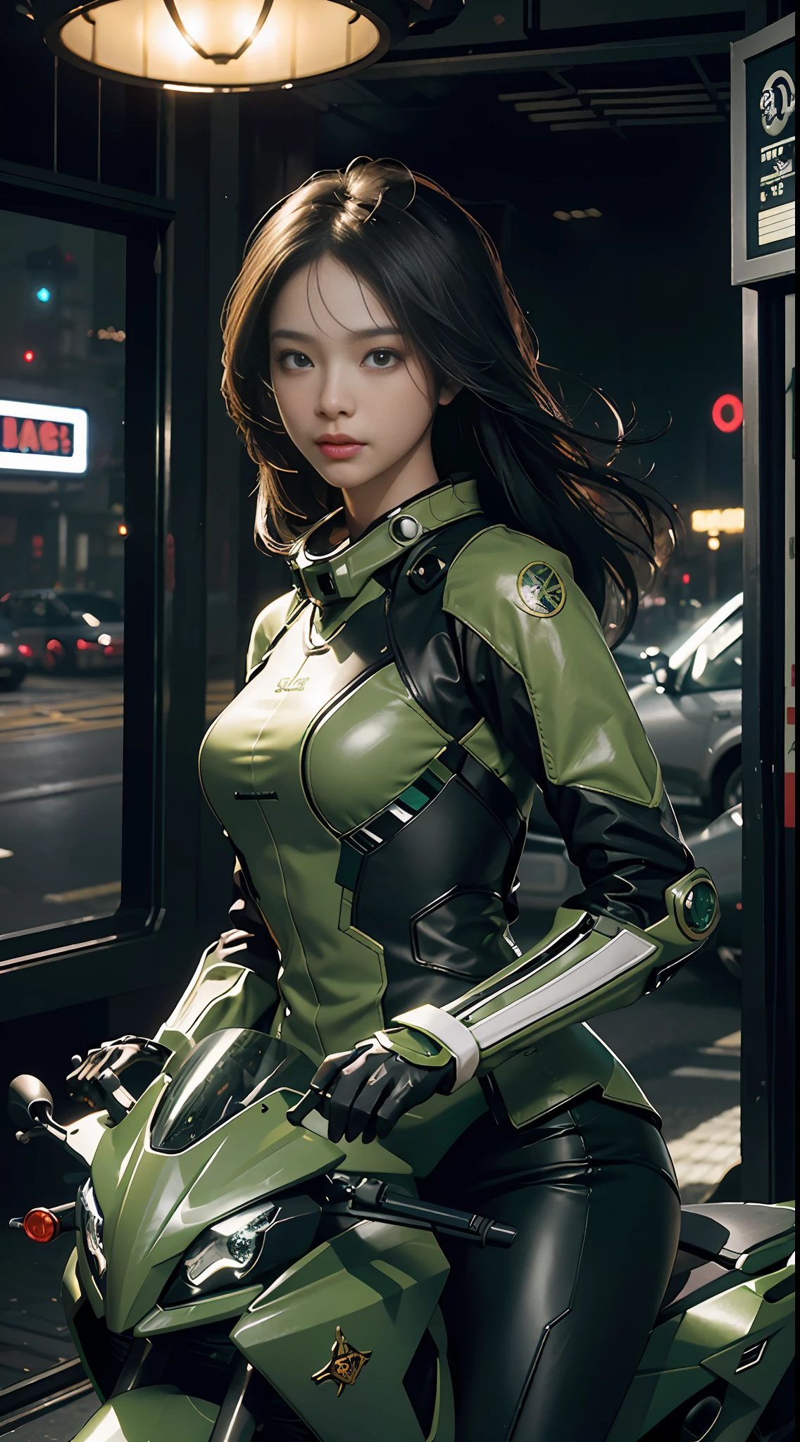 Highest image quality, outstanding details, ultra-high resolution, (realism: 1.4), the best illustration, favor details, highly condensed 1girl, with a delicate and beautiful face, dressed in a black and green mecha, wearing a mecha helmet, holding a directional controller, riding on a motorcycle, the background is a high-tech lighting scene of the future city. surreal illustration, surreal rendering, clean digital rendering, photo realistic rendering, surreal illustration