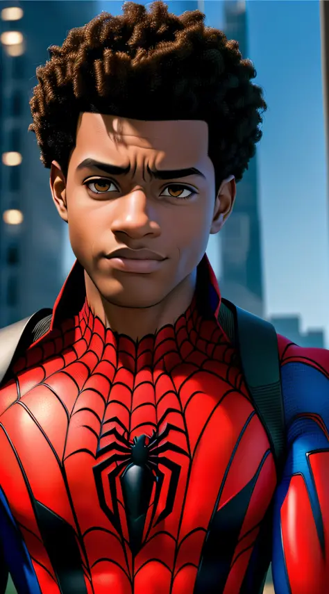 Best quality, masterpiece, high resolution, 1 male, miles morales, spiderman,, curly hair, Tindal effect,ism realism, dark studi...
