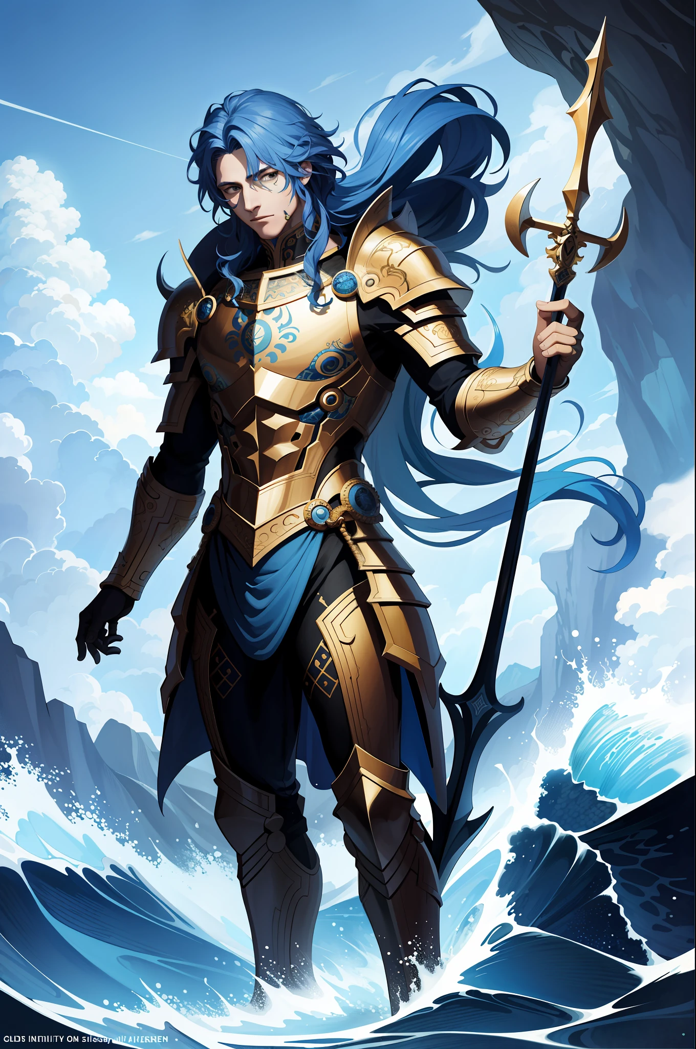 (masterpiece, best quality, high resolution: 1.4), detailed, intricate details, 4K, color splashes, line art, art, fibonacci, Poseidon the god of the seas, trident in left hand, blue hair, the knights of the zodiac, golden armor