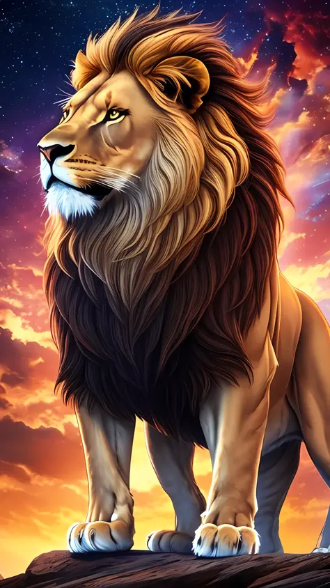 You stand before an imposing lion, with a leadership pose that conveys power and authority. The majestic creature is standing, showing off its entire body in the photo, its long, lush mane flowing in the wind. The background of the image is a magnificent n...