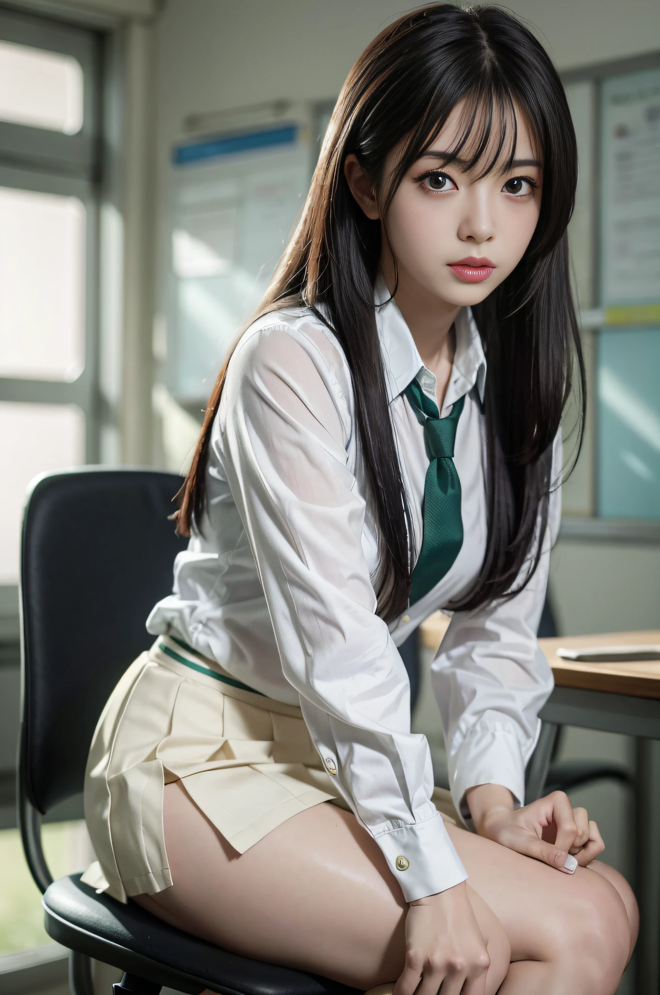 Long black hair, white skin, Chinese, young, thick eyebrows, black eyes, biting lips, white , green tie, small waist, blue short skirt, white socks, in the classroom, sitting on the desk, revealing white panties, slim legs, brown school shoes, realistic, 8k, masterpiece, high resolution, high resolution, anatomically correct, high resolution, inspired by Marin Kitagawa in anime