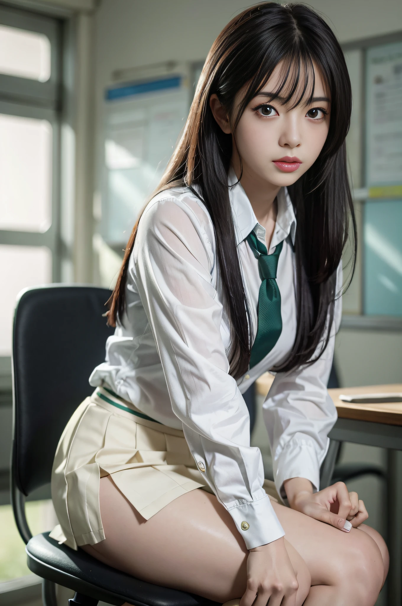 Long black hair, white skin, Chinese, young, thick eyebrows, black eyes, biting lips, white school uniform, green tie, small waist, blue short skirt, white socks, in the classroom, sitting on the desk, revealing white panties, slim legs, brown school shoes, realistic, 8k, masterpiece, high resolution, high resolution, anatomically correct, high resolution, inspired by Marin Kitagawa in anime