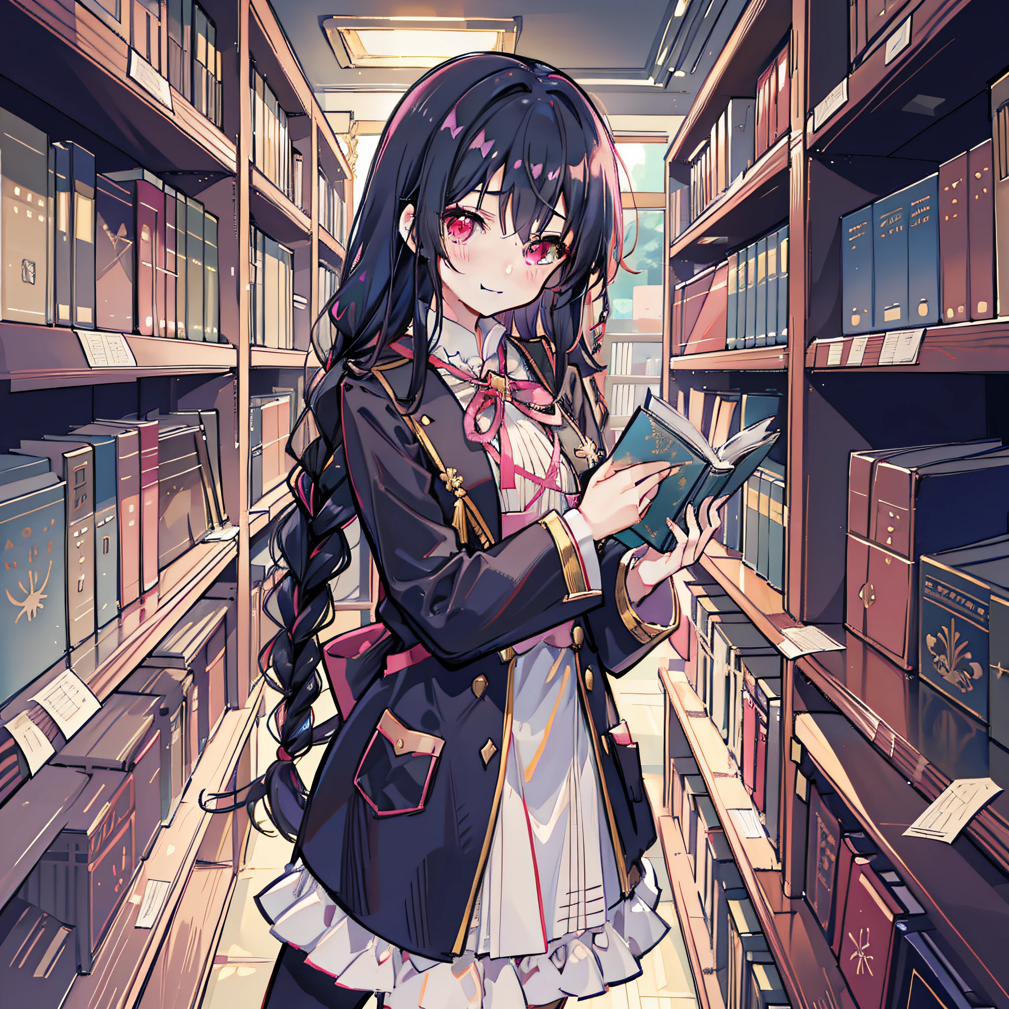 Moeki Kirizuka (private Grimoire Magic Academy), black hair, (2 braids), (big braid), straight hair, long bangs, red and pink eyes, smile, blush, shy, (blue uniform), black tights, holding a book, library