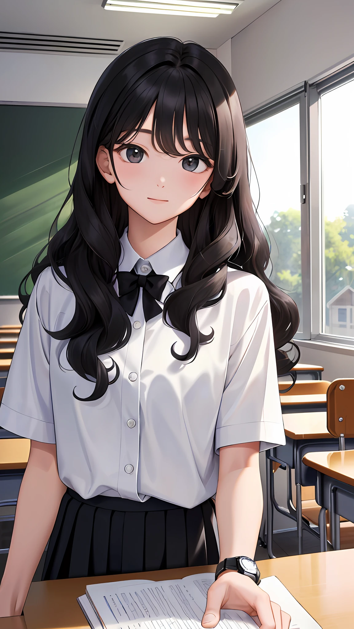 (masterpiece, top quality: 1.2), watch viewer, classroom, uniform, (wavy hair: 0.8), long black hair, upper body,