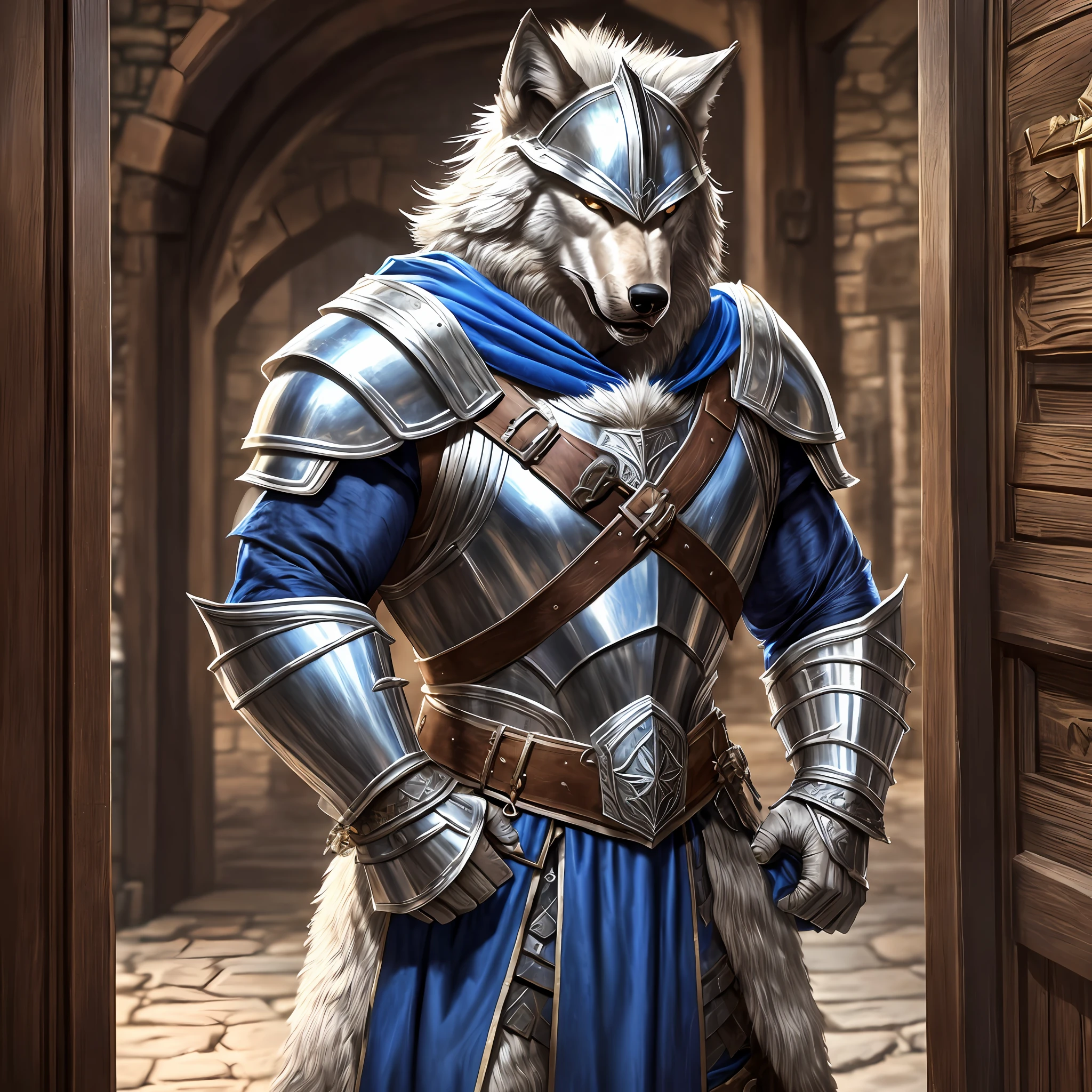 Young muscular tall man, wide, wearing a medieval Armor with wolf helmet, wolf shoulder pads, silver breastplate and a furry Blue cape, angry at the entrance door of a tavern, Realistic, Full HD, best quality