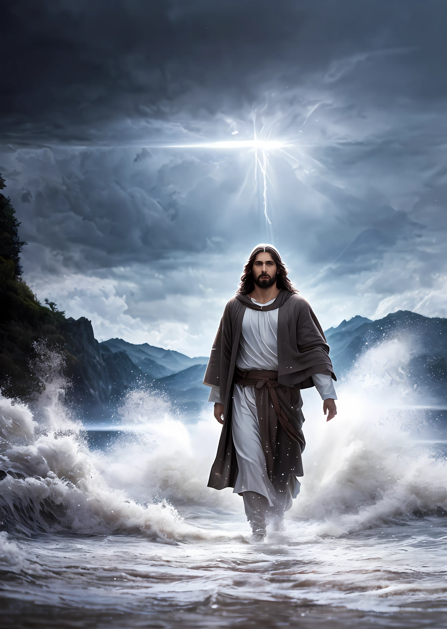 Jesus walking on water in a storm, gentle expression, streaks of light coming down from the sky, masterpiece, highest quality, high quality, highly detailed CG unit 8k wallpaper, award-winning photos, bokeh, depth of field, HDR, bloom, chromatic aberration, realistic, very detailed, trending at artstation, trending at CGsociety, complex, high detail, dramatic, mid-journey art, volumetric lighting