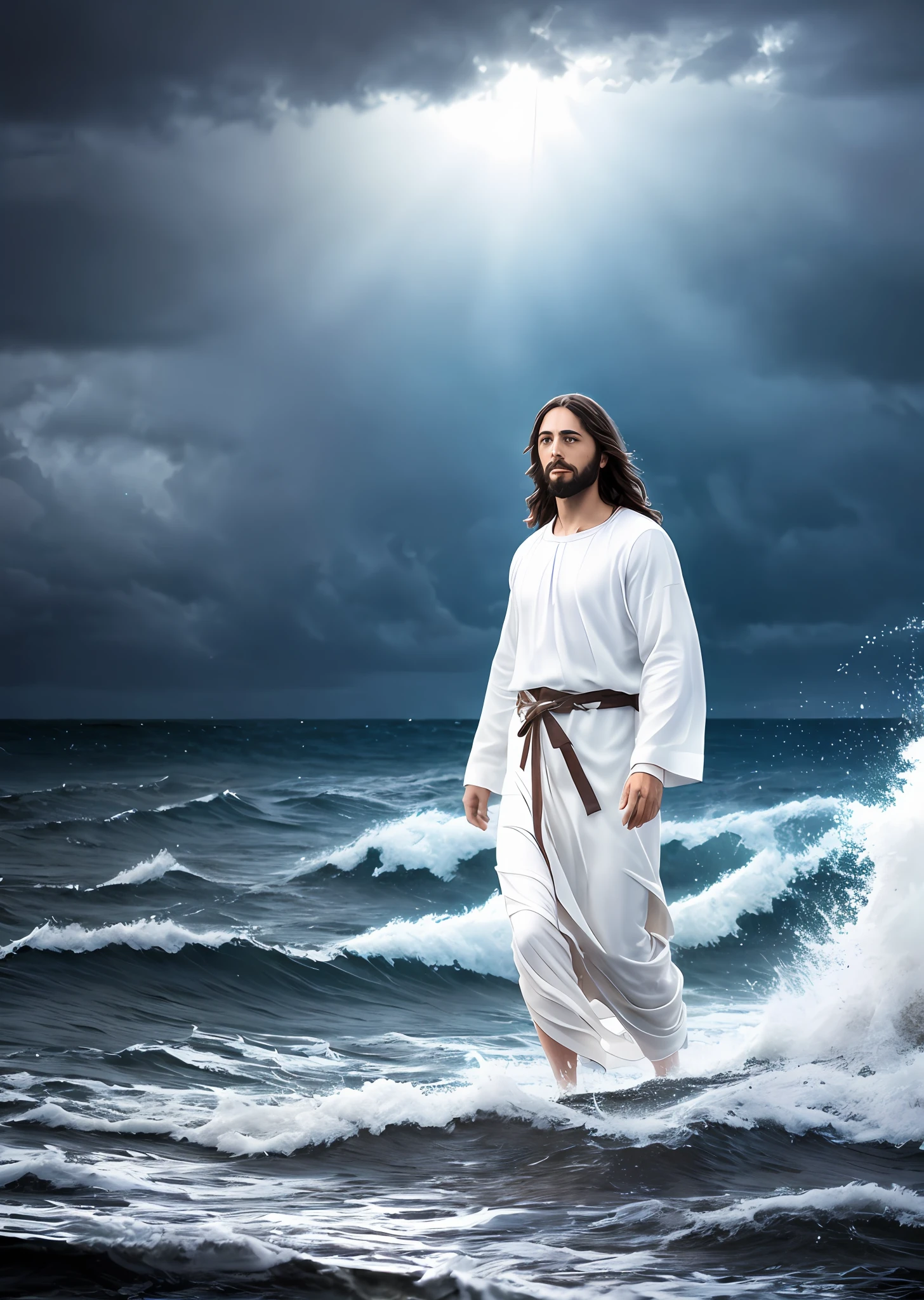 Jesus walking on water in a storm, gentle expression, streaks of light coming down from the sky, masterpiece, highest quality, high quality, highly detailed CG unit 8k wallpaper, award-winning photos, bokeh, depth of field, HDR, bloom, chromatic aberration, realistic, very detailed, trending at artstation, trending at CGsociety, complex, high detail, dramatic, mid-journey art, volumetric lighting