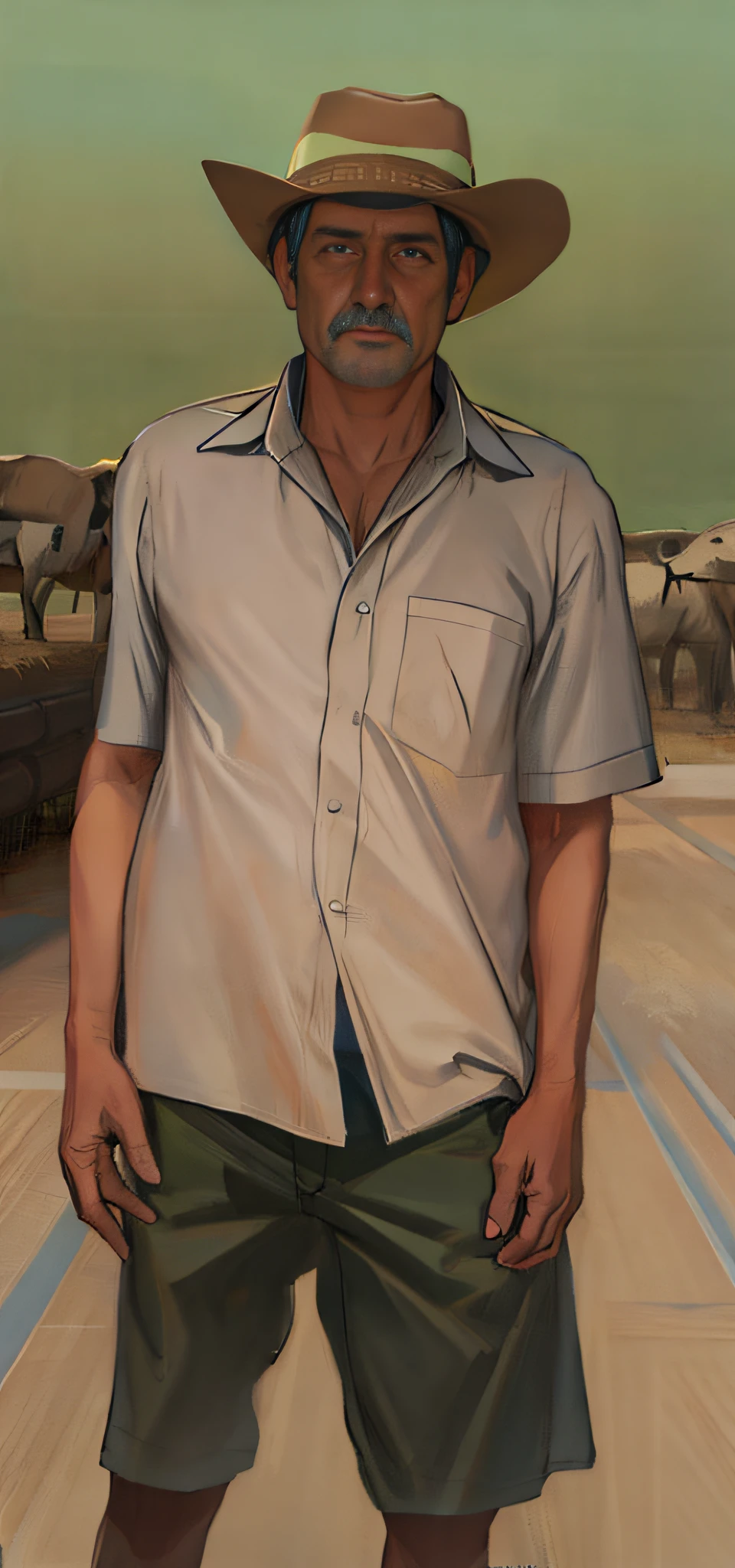 Painting of a man in a hat standing in a field - SeaArt AI