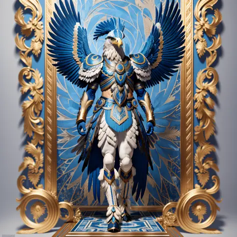 eagle humanoid with blue and white plumes very intricate, full body, very strong, intricate, very detailed, highest definition, ...