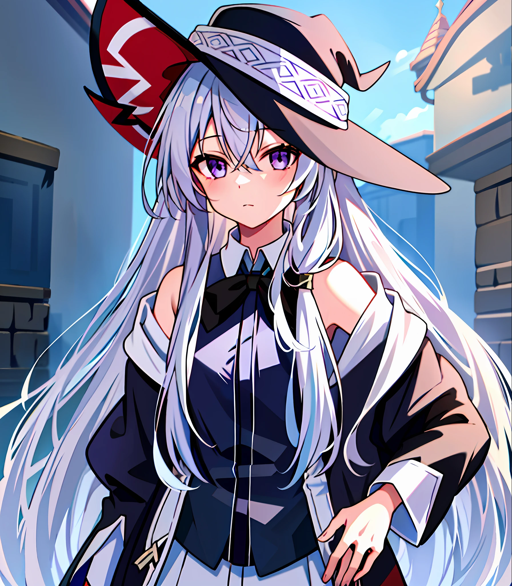 masterpiece, best quality, 1girl, elaina_(majo_no_tabitabi), silver hair, purple eyes, long hair, hat