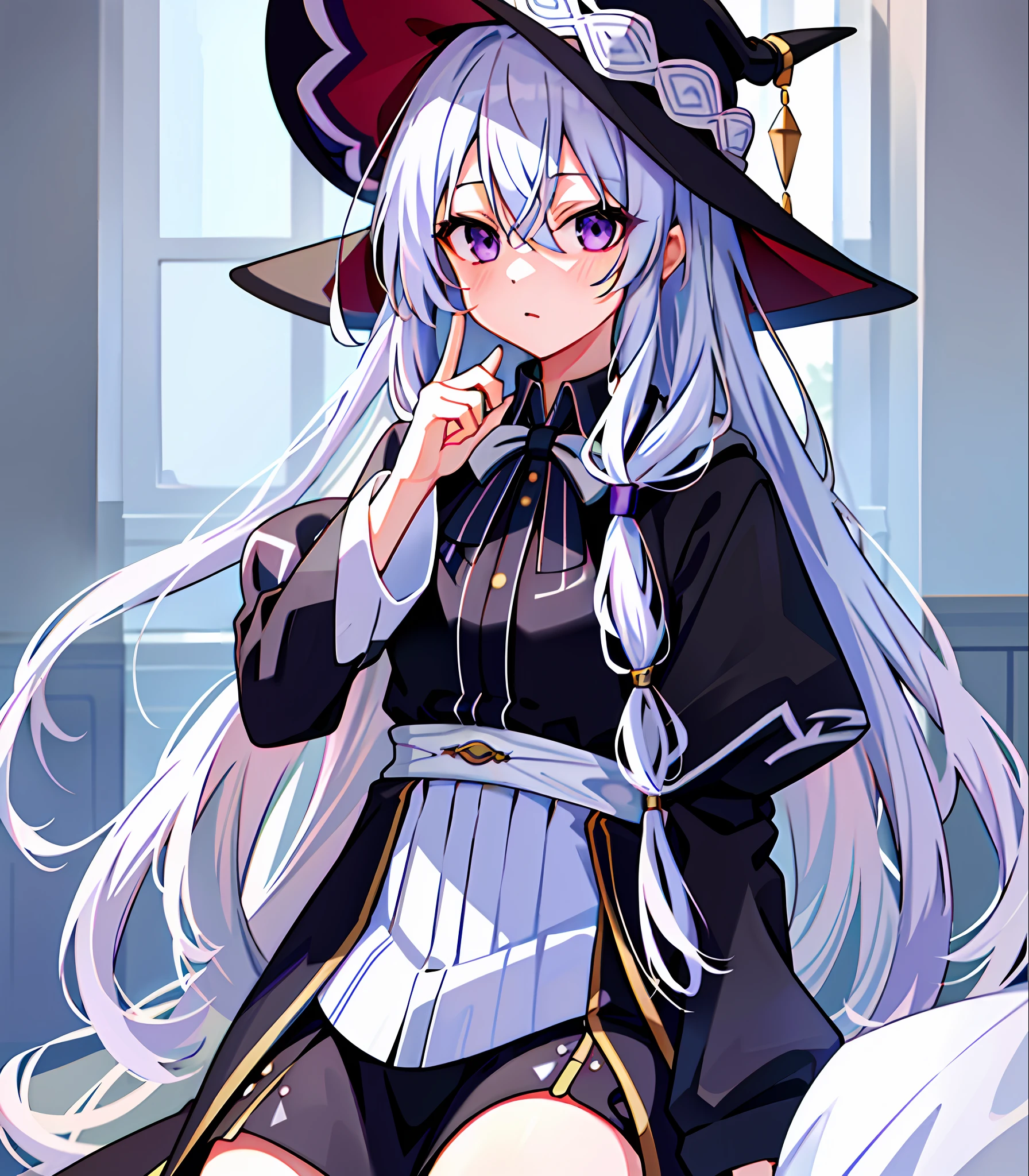 masterpiece, best quality, 1girl, elaina_(majo_no_tabitabi), silver hair, purple eyes, long hair, hat