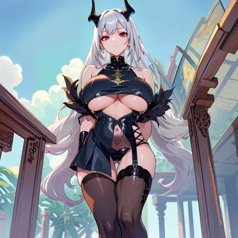 masterpiece, best quality, high_resolution, finely detailed, extremely detailed and beautiful, distinct_image, 1 girl, solo, from below, silver hair, red eyes, dragon horns, (huge breasts), (underboob), outdoor, plants, botanical garden, dolphinshorts, arm...