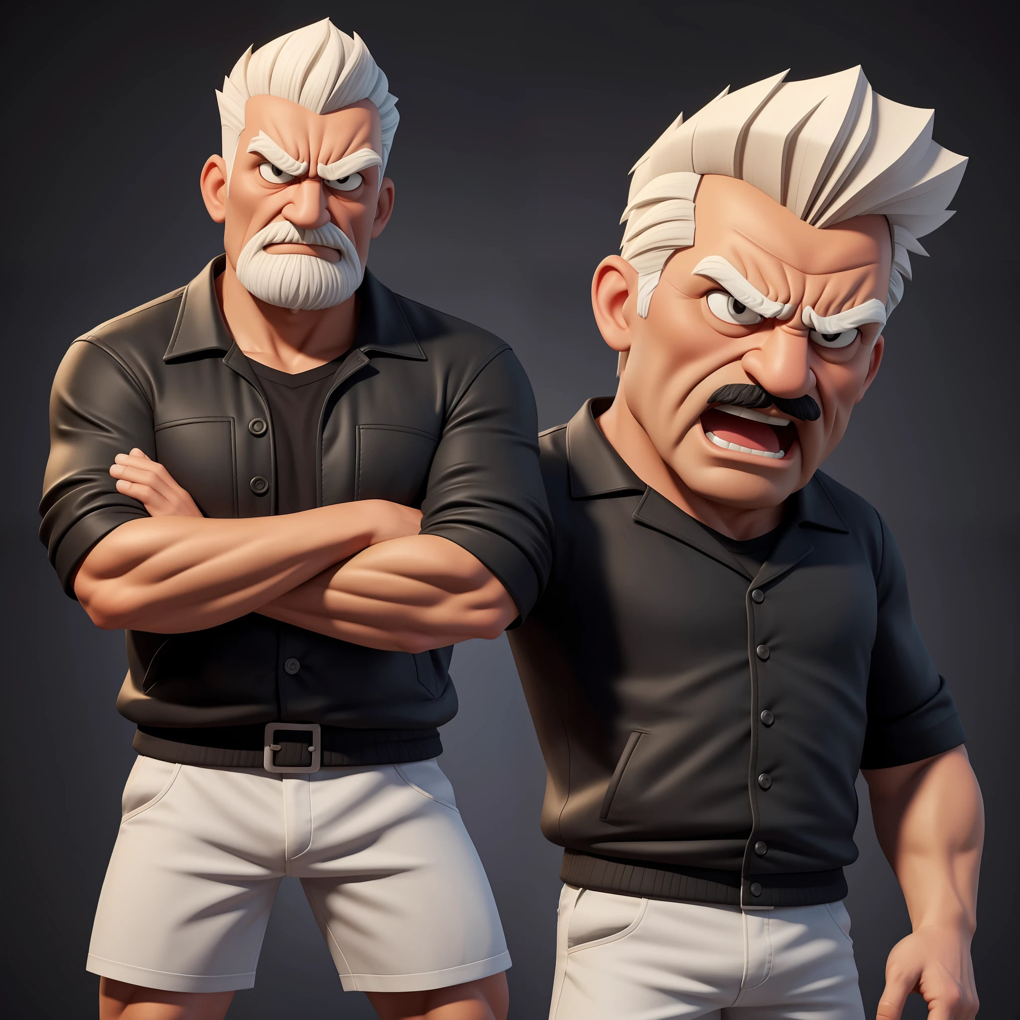 Create a 3d and 8K cartoon of an angry, full-body, well-muscled old man with his arms crossed and a black fan jacket. Make sure the resulting image has a cartoonish look, with vibrant colors and smooth edges. Add details to give the old man an angry look, such as furrowed brows and a tight mouth. Make sure that the black shirt striped with white is an important element of the image, and add details to make it attractive and interesting. Add textures and details to make the image more realistic, such as the appearance of the shirt texture and the appearance of the skin. Make sure the resulting image is high resolution, 8K quality."