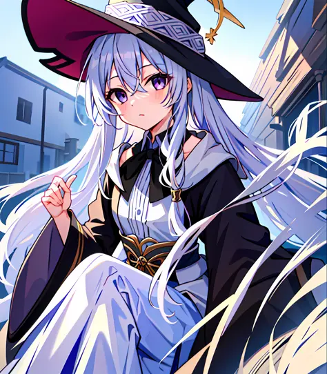 masterpiece, best quality, 1girl, elaina_(majo_no_tabitabi), silver hair, purple eyes, long hair, hat