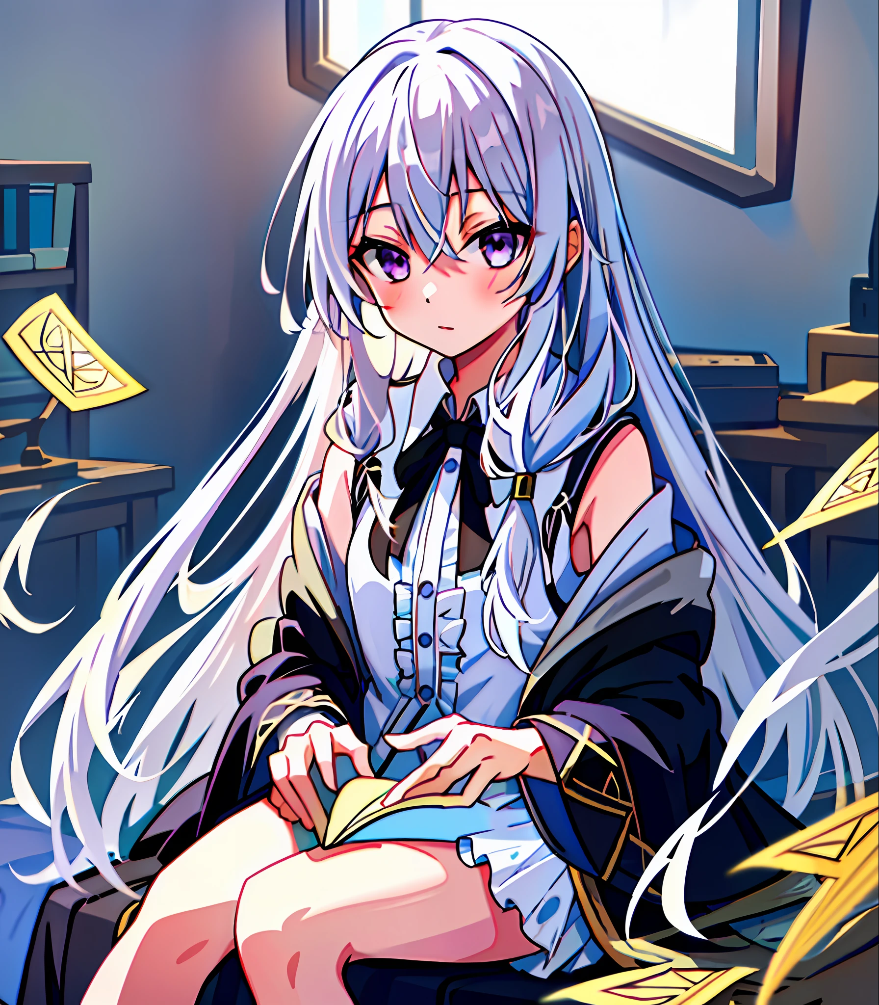 masterpiece, best quality, 1girl, elaina_(majo_no_tabitabi), silver hair, purple eyes, long hair,