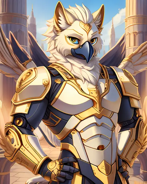 by fluff-kevlar, by vader-san, ivorygoldai, robotic anthro male (gryphon) solo, beak, wings, best quality, looking at viewer, bu...