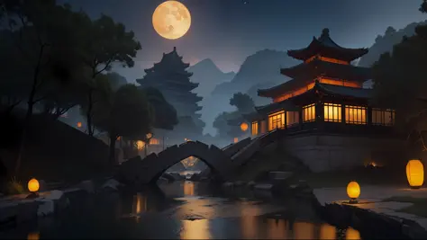 Official Art, Ancient China, Ancient Streets, (Lots of Fireflies), (Night), (Moon), Lights, Beautiful Landscapes, Epic Landscapes, Realistic Lights, Masterpiece, High Quality, Beautiful Graphics, High Detail , Global Illumination, Unreal Engine Rendering, ...