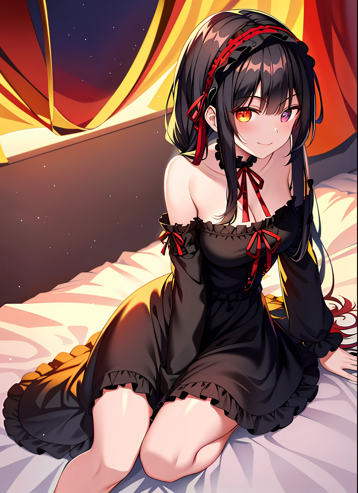 Anime girl sitting on a bed with a red bow in her hair - SeaArt AI