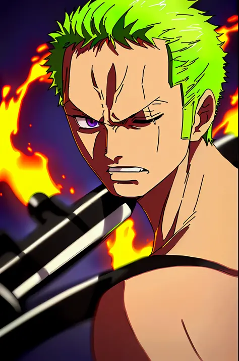 1boy, wanostyle, roronoa zoro, angry looking, katana,  (one eye closed),  scar across eye,  solo, upper body, (((masterpiece))), ((best quality)), (extremely detailed), watercolor, illustration, depth of field, sketch, dark intense shadows, sharp focus, so...