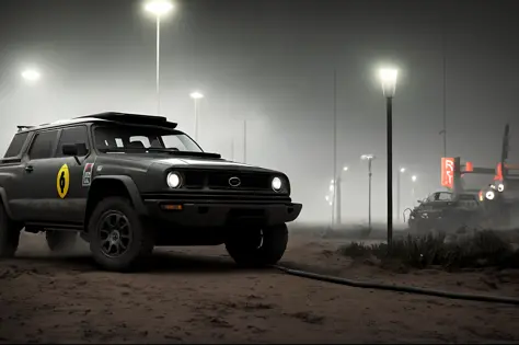 a dark photo of (((car))), by simon stalenhag style,8k resoultion,hyper realstic , black and white , jungle, dakar rally, scifi style,dynamic lighting, atmosphere lighting, hyper detail features, ray tracing, 3D, cinematic lighting, dark shadows, unrealist...