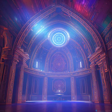 Create the interior of a futuristic, vault-shaped, festive-looking ...