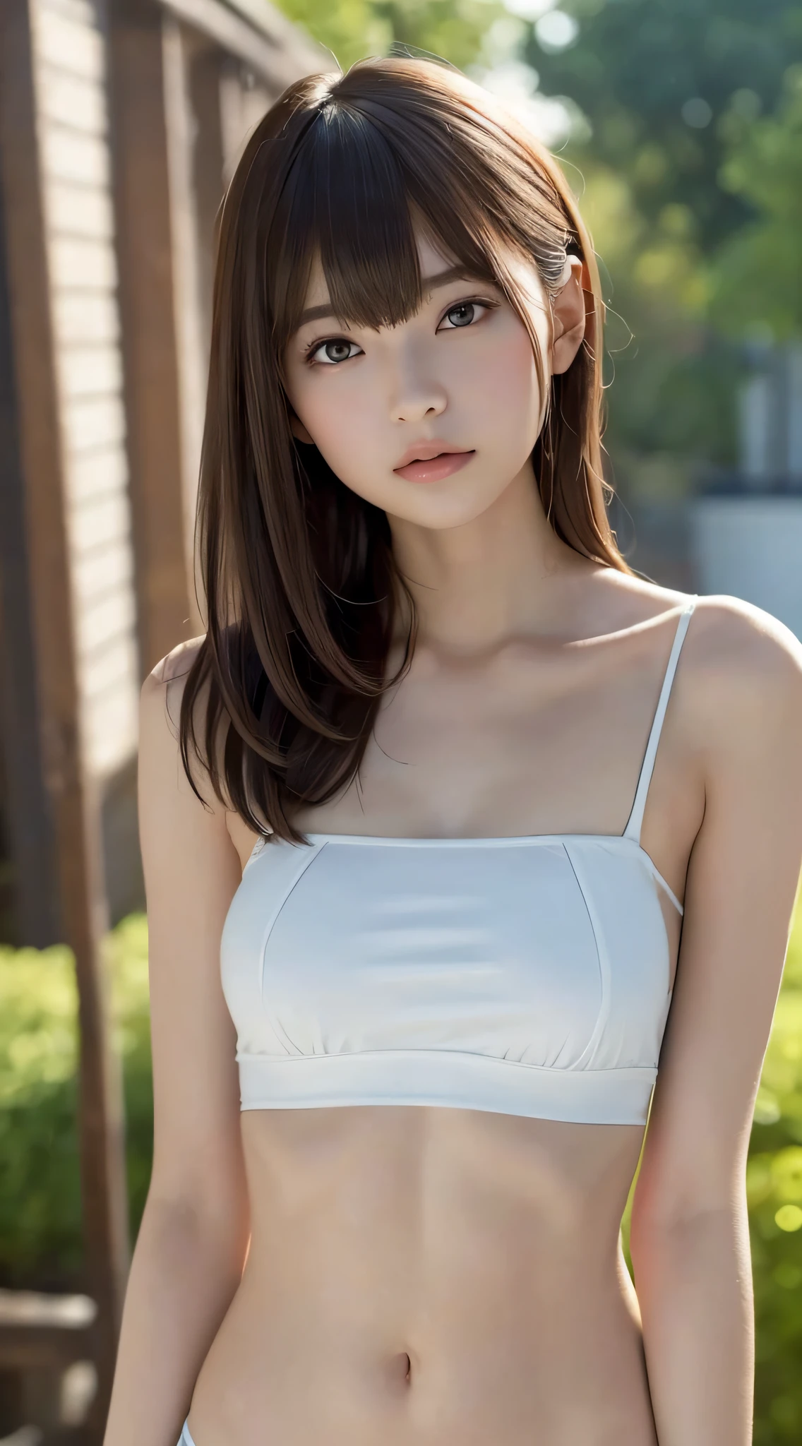 ((Best Quality, 8k, Masterpiece: 1.3)), Full Body, (Best Quality, Masterpiece: 1.2)), Cute Japan Woman Pictures, 1 Girl, 25 Years Old Beautiful Japan Girl, ((White Tube Top Bikini: 8.5)), (Full Body Photography), Full Body Portrait, Hard Nipples, Very Delicate Body, Small Breasts, ((Thin Waist: 5.5)), (Slender Abs: 3.5), (Small), (Female 160 cm), Focus sharp: 1.2, Outstanding Beauty Style: 1.4, Slender Abs: 1.2, (((Brown hair, Big: 1.2)), Highly detailed face and skin texture, Detailed eyes, Double eyelids, Outdoor, Full body portrait, Hair fluttering in the wind, Bangs,