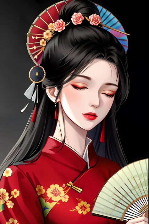 1girl, black hair, china dress, chinese clothes, closed eyes, closed mouth, dress, flower, hair bun, hair ornament, hand fan, holding, holding fan, makeup, painting \(medium\), paper fan, portrait, solo, watercolor \(medium\),fashi-g,