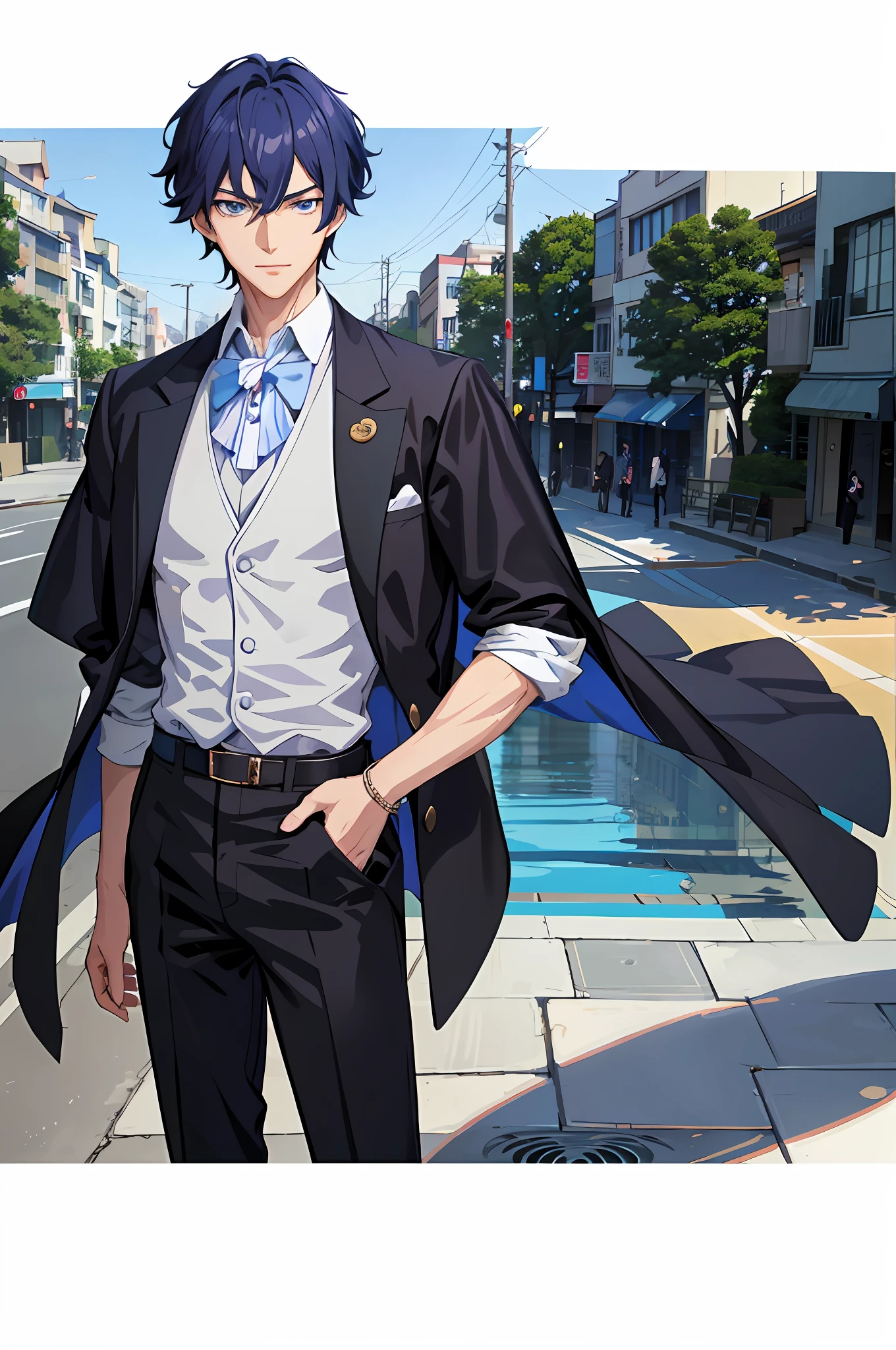 anime character in a suit standing on a city street, tall anime guy with blue eyes, handsome anime pose, anime handsome man, ((wearing aristocrat robe)), anime portrait of a handsome man, young anime man, male anime style, male anime character, official character illustration, shigenori soejima illustration, handsome guy in demon slayer art
