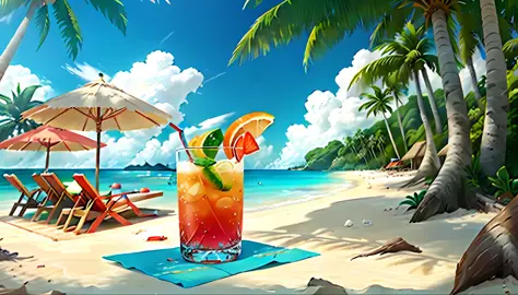 Drinking a drink on a paradisiacal beach with several coconut trees in the background, cartoon, 2d, beak, daytime