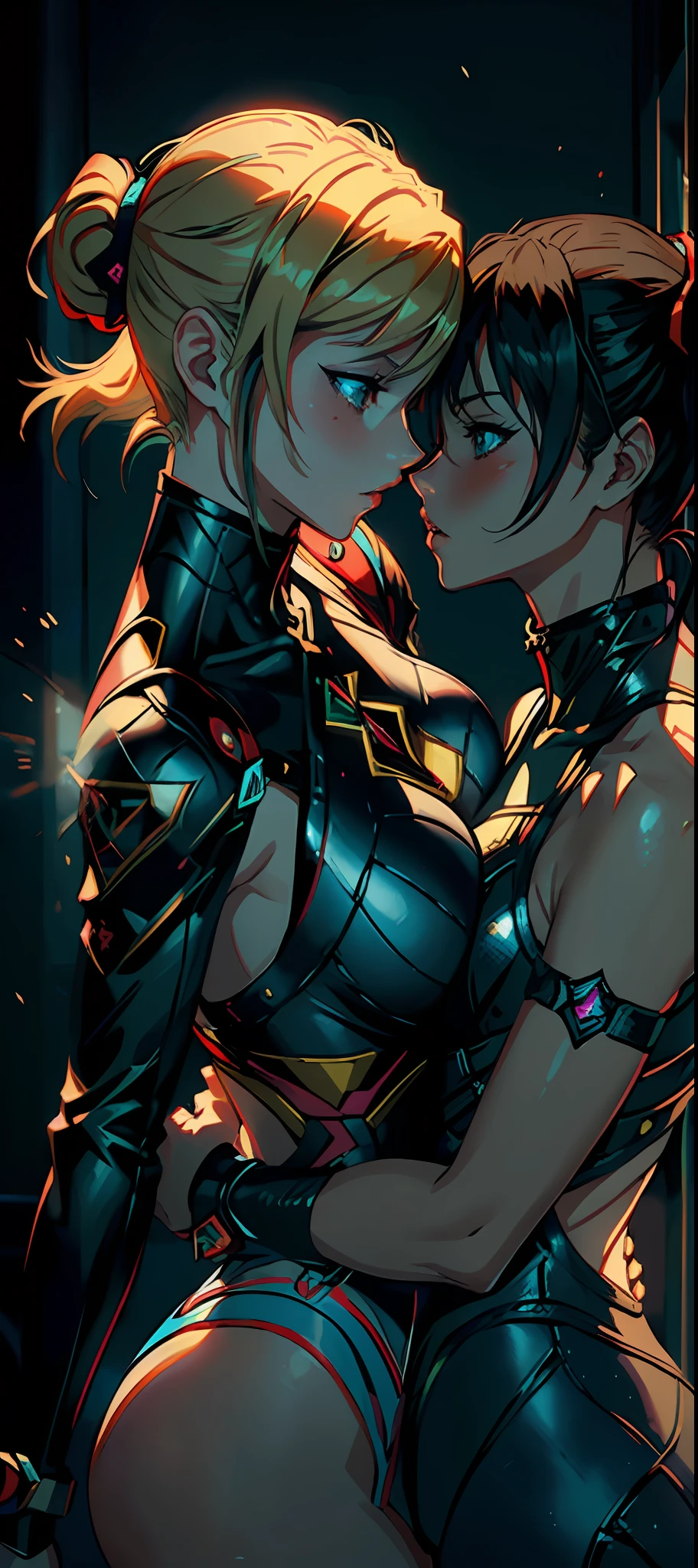 A couple of anime girls in leather outfits hugging each other - SeaArt AI