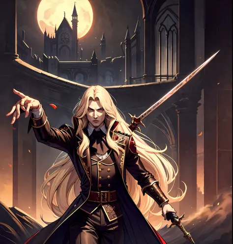 masterpiece, high quality, high resolution, absurdities, fine details, alucard castlevania netflix, vampire killer, man, handsom...