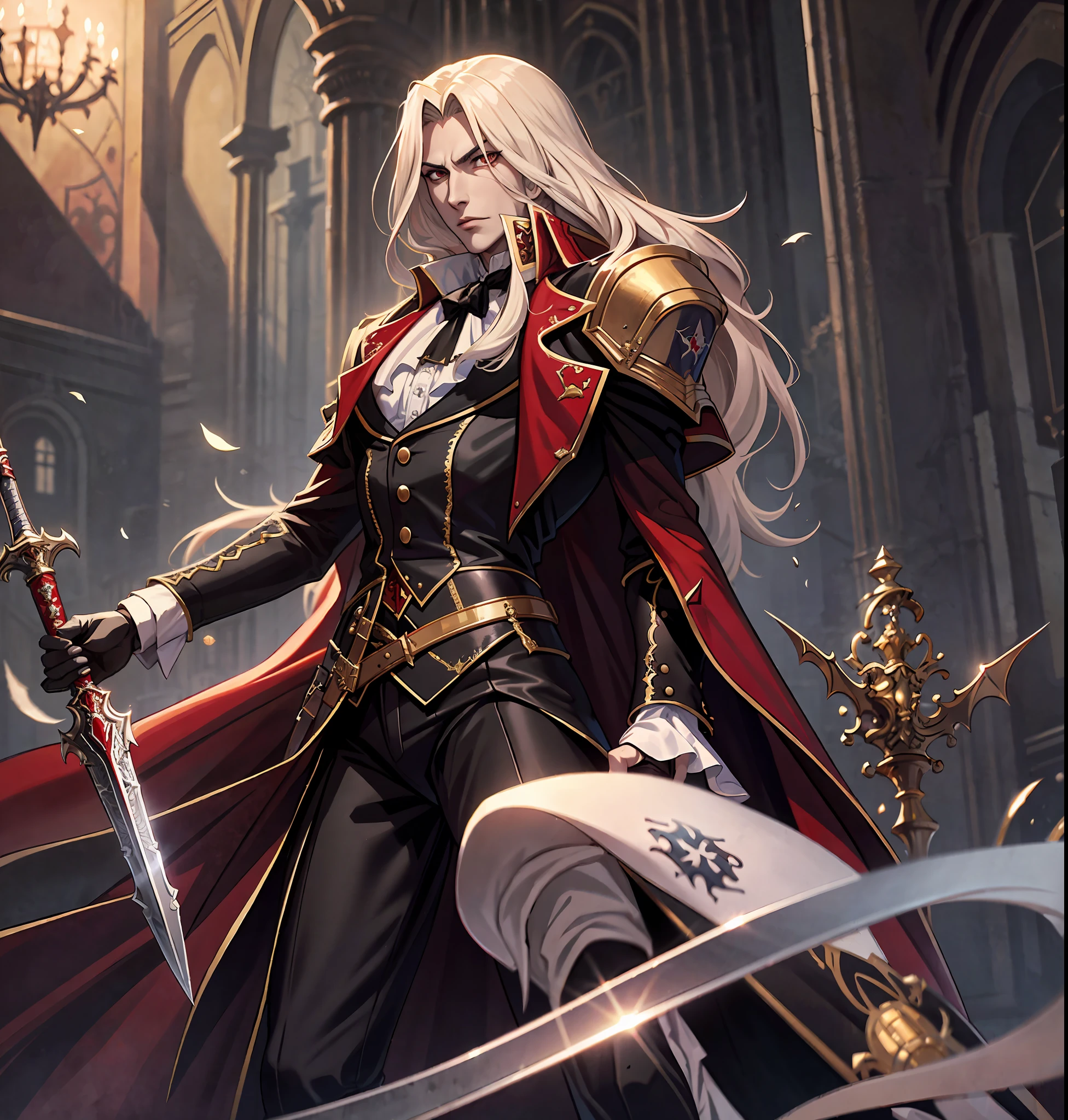 masterpiece, high quality, high resolution, absurdities, fine details, alucard castlevania netflix, vampire killer, man, handsome, fighting stance with a sword, night, castle,