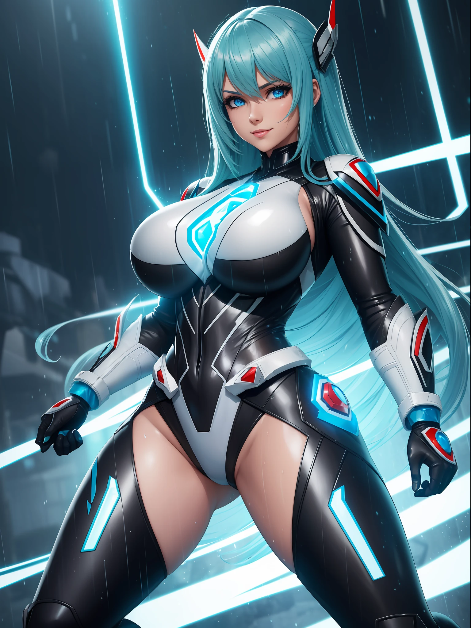 (full body photo),((Luana/Woman with big breasts, black with white parts/kamen Rider/Ultraman/futuristic/transparent cemi costume, with luminous blue jewelry on the breastplate of the suit, extremely tight on the body, black boot)). In a futuristic city with heavy rain charged clouds in the night sky. Luana has ((short green hair with clips, blue eyes)), her hair and her clothes are extremely soaked, she is staring at the viewer, smiling. red cheek, front, anime, anime style, mortal kombat, 16k, UHD, best quality, high quality, award winning, anatomically correct, masterpiece