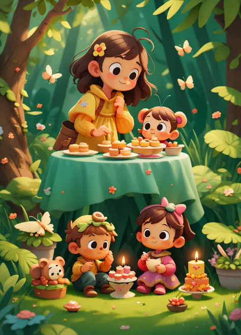 (masterpiece),(best quality), illustration, (fantasy:1.4), couple of cute kids eating cake at birth party, teddy bears, candles,...
