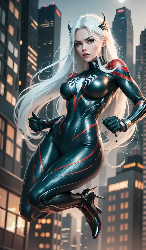 (Masterpiece, 4k resolution, ultra-realistic, very detailed), (Black superhero theme, charismatic, there's a girl on top of town, wearing Venom costume, she's a superhero), [ ((25 years), (long white hair:1.2), full body, (green eyes:1.2), ((Spider-Man pos...
