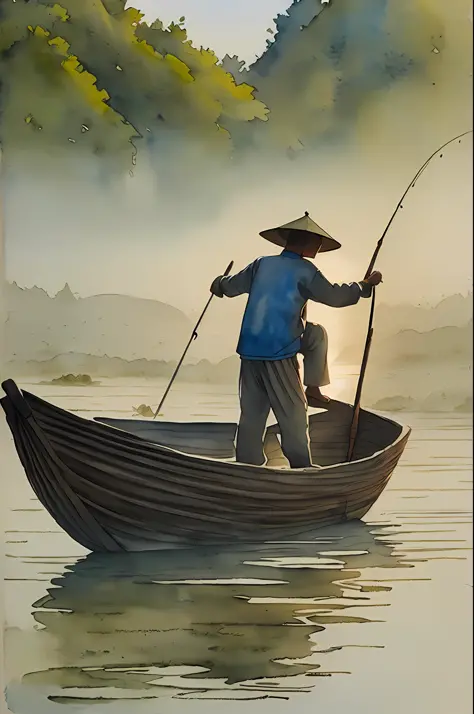 ink and watercolor painting），（Chinese landscape painting，Heavy snow in  winter），（An old man fishing on a boat, Dong Qichang super fine detail  painting, Instagram, Chinese painting style, ink and watercolor painting -  SeaArt AI