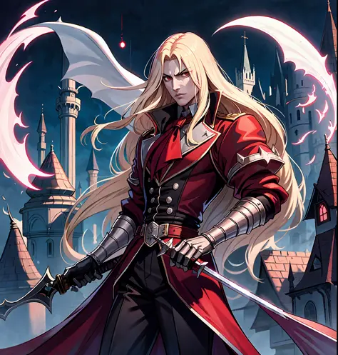 alucard castlevania netflix, fighting posture with a sword, night, castle,