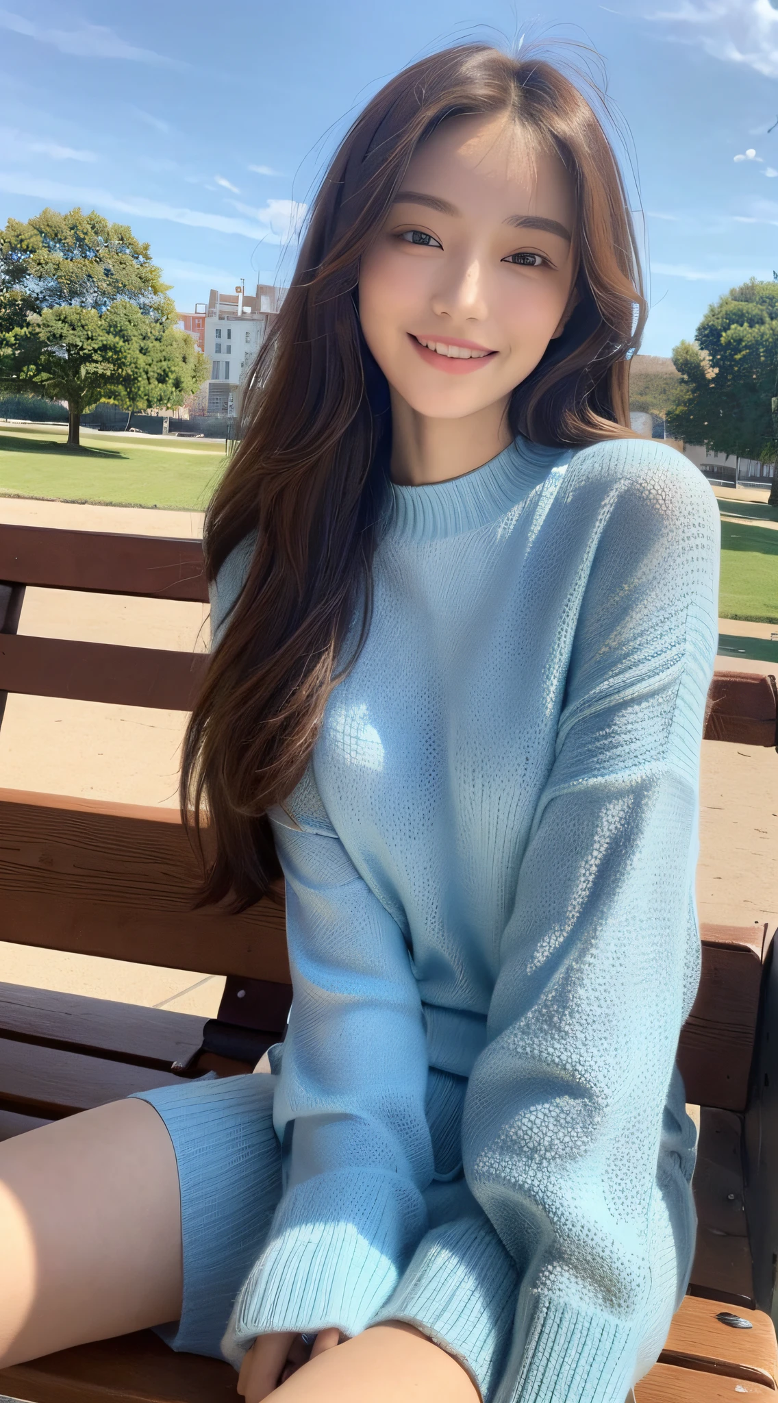 ((Top Quality, 16k, Masterpiece: 1.3)), Focus: 1.2, Perfect Body: 1.2, Slender Abs, (Detailed Face and Skin Texture, Small Face, Delicate Eyes, Double Eyelids, Light Smile), (Long Brown Hair), (Sky Blue Color Sweater), (Park Bench, Sitting), From the Front, Above the Knee, Full Body