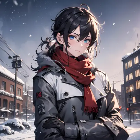 1boy, wearing a red scarf, wearing headphones, wearing winter clothing,black long tied up hairstyle, bang, masculine, perfect hands,BREAK, heterochromia, wearing winter gloves, winter, Snow, snowflake's,highest quality digital art, Stunning art, wallpaper ...