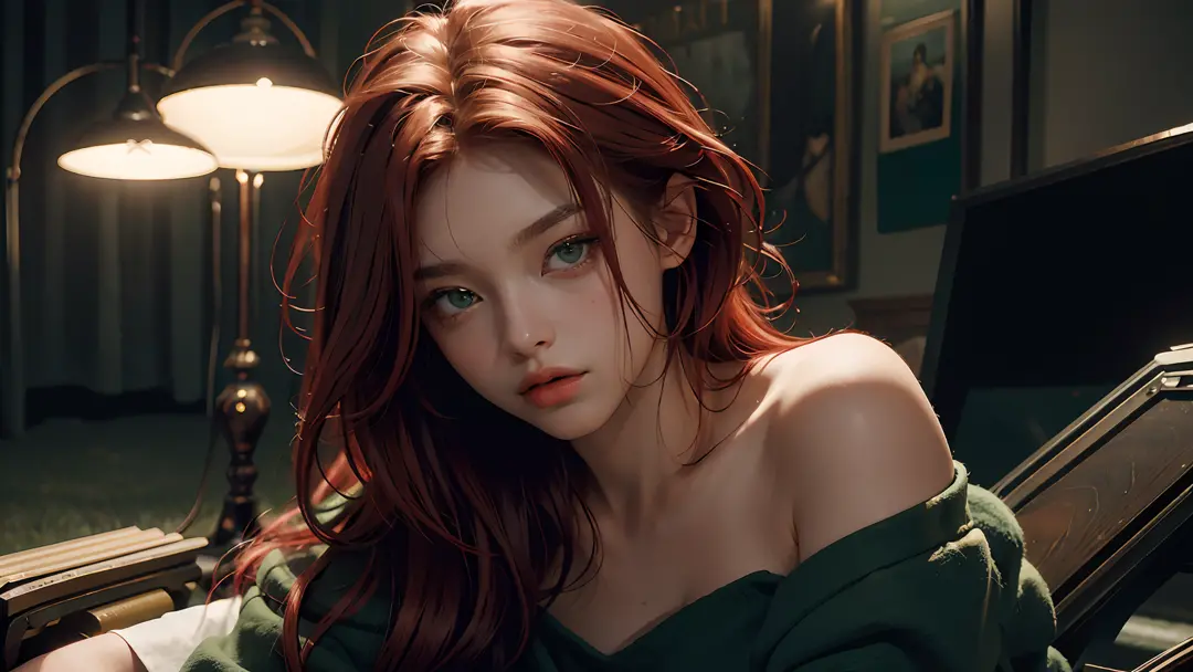 Best Quality, Masterpiece, Ultra High Resolution, (Realism: 1.4), Original Photo, 1Girl, Green Eyes, Off-The-Shoulders, Cinematic Lighting, Red Hair,