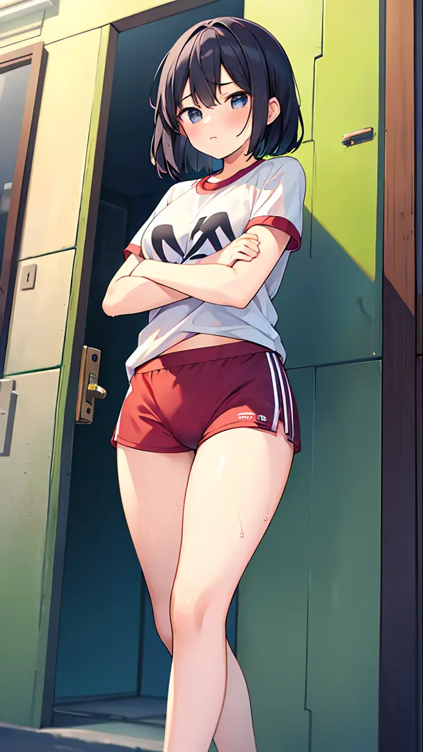 girl, big, gym clothes, wet, male boxer shorts in hand, sad, front door