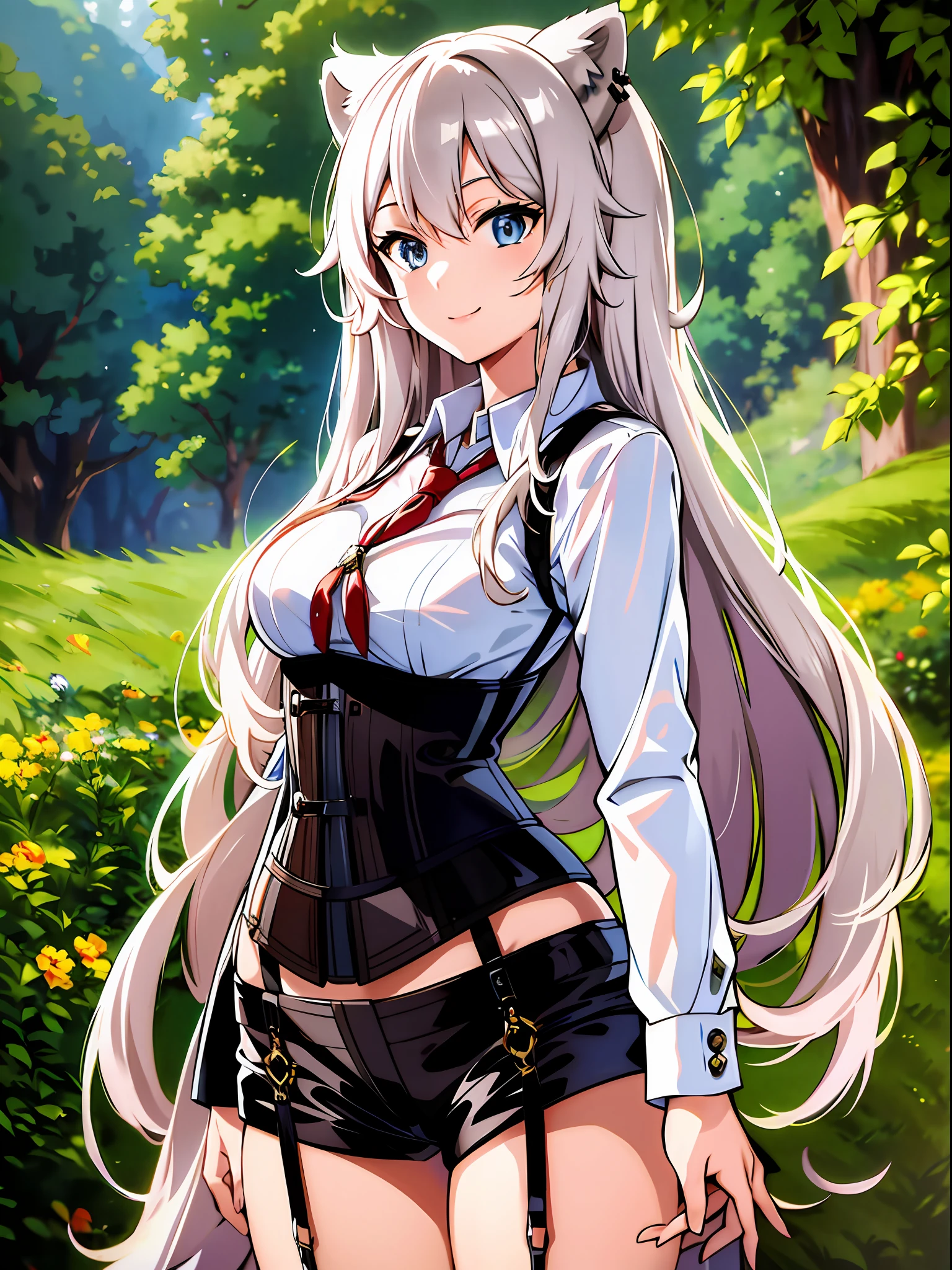 masterpiece, best quality, absurdres, perfect antomy, 1girl, solo, Botan, BotanSuit, standing, smile, long hair, long sleeves, pantyhose, collared shirt, corset, silver hair,