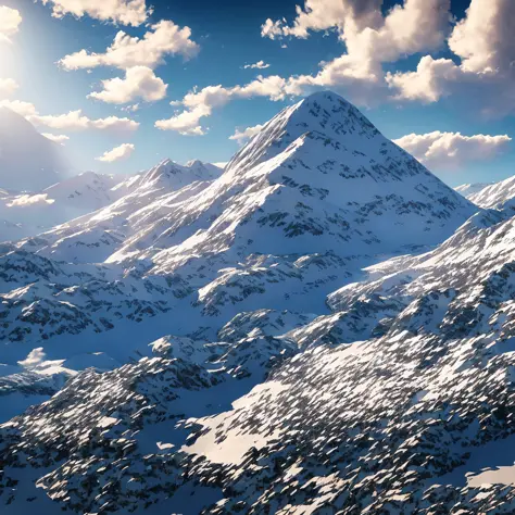 snow-capped mountains, 16:9, anime style, god rays, ray tracing, reflection light, cinematic lighting, high detail