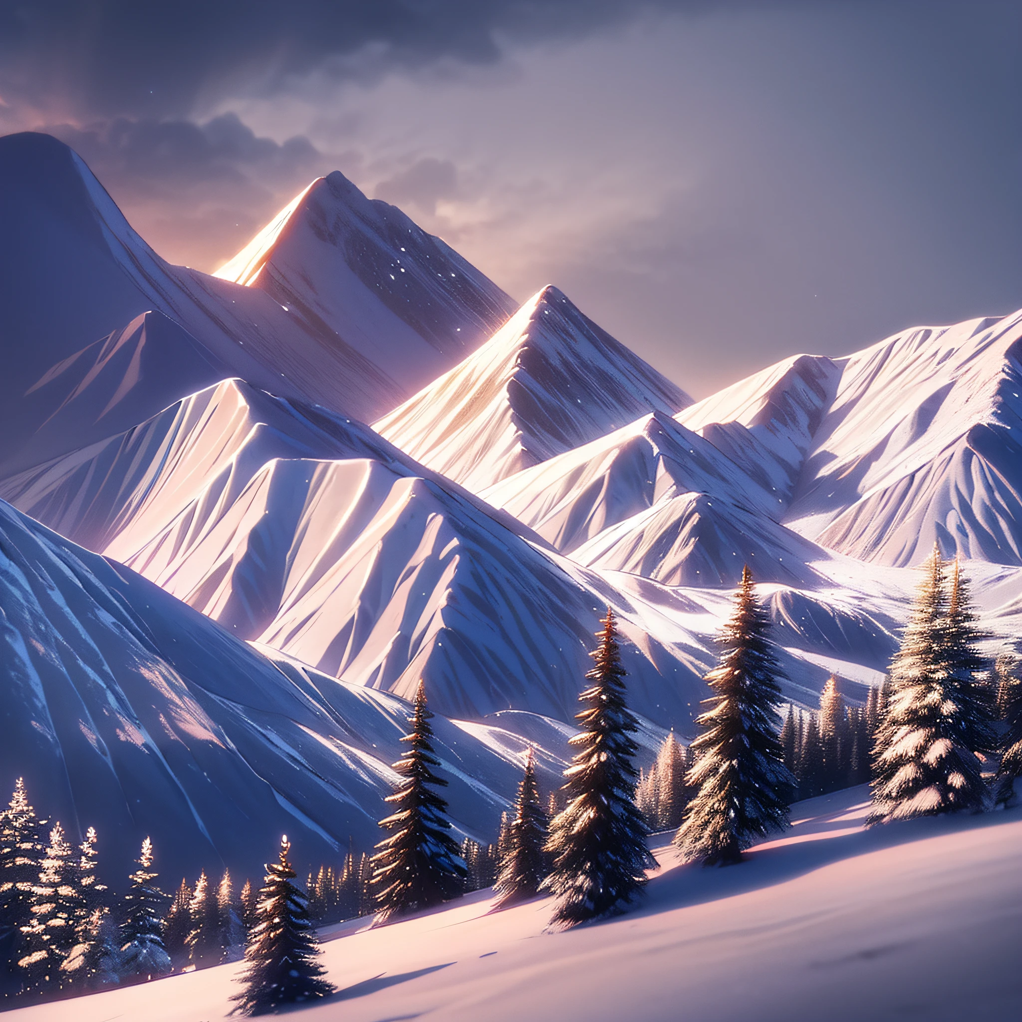 montañas nevadas, 16:9, rayos de Dios, trazado de rayos, luz reflejada, iluminación cinematográfica, Alto detalle, alta resolución, mejor calidad, 4k
