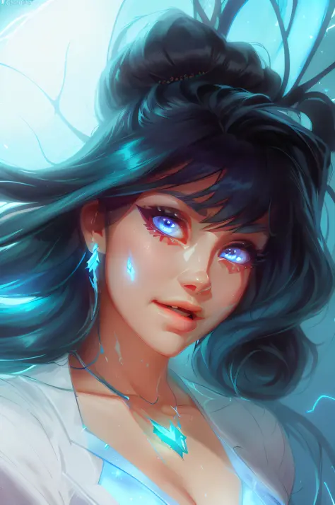 a close up of a woman with a glowing face and a blue dress, rossdraws cartoon vibrant, rossdraws 1. 0, rossdraws 2. 0, :: rossdr...