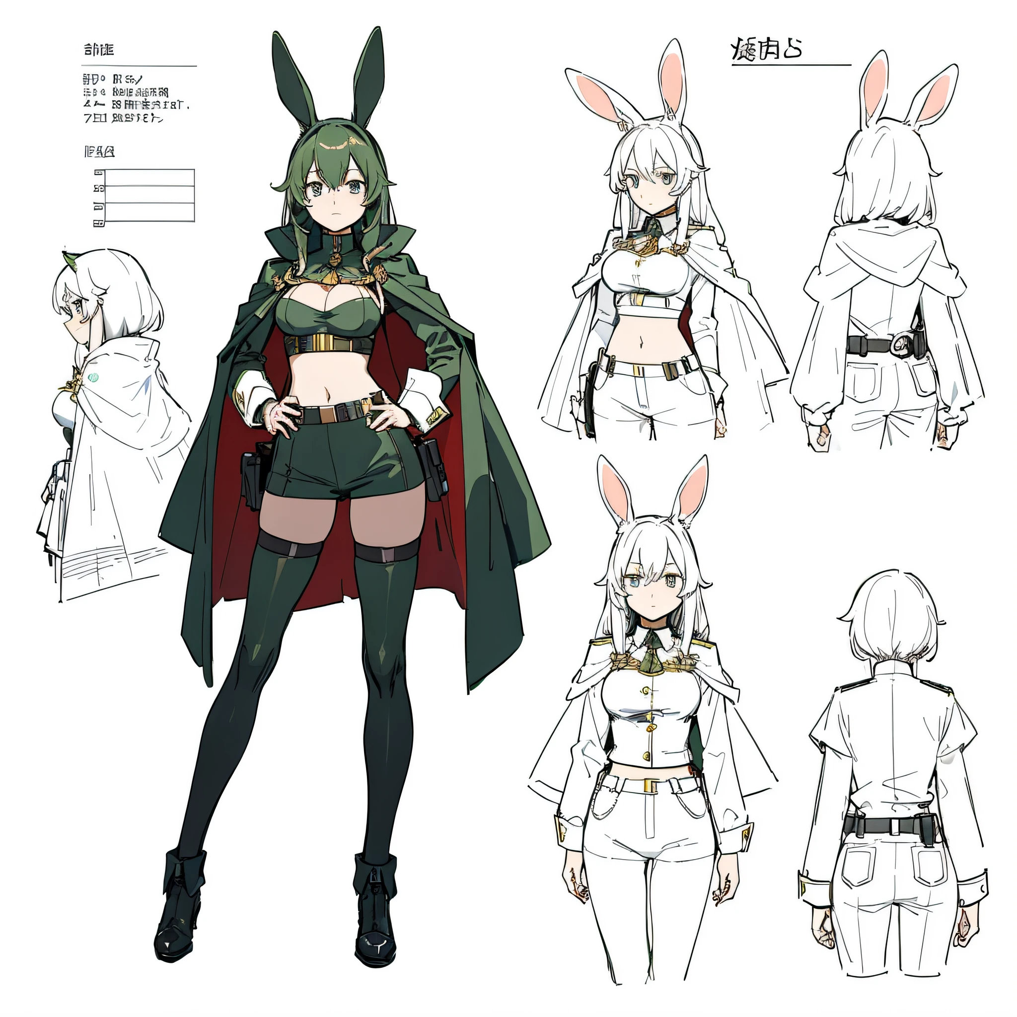 (masterpiece, best quality) detailed, character sheet, rabbit ears, medium breasts, emotionless, military fatigues, reference, cape, hips, midriff